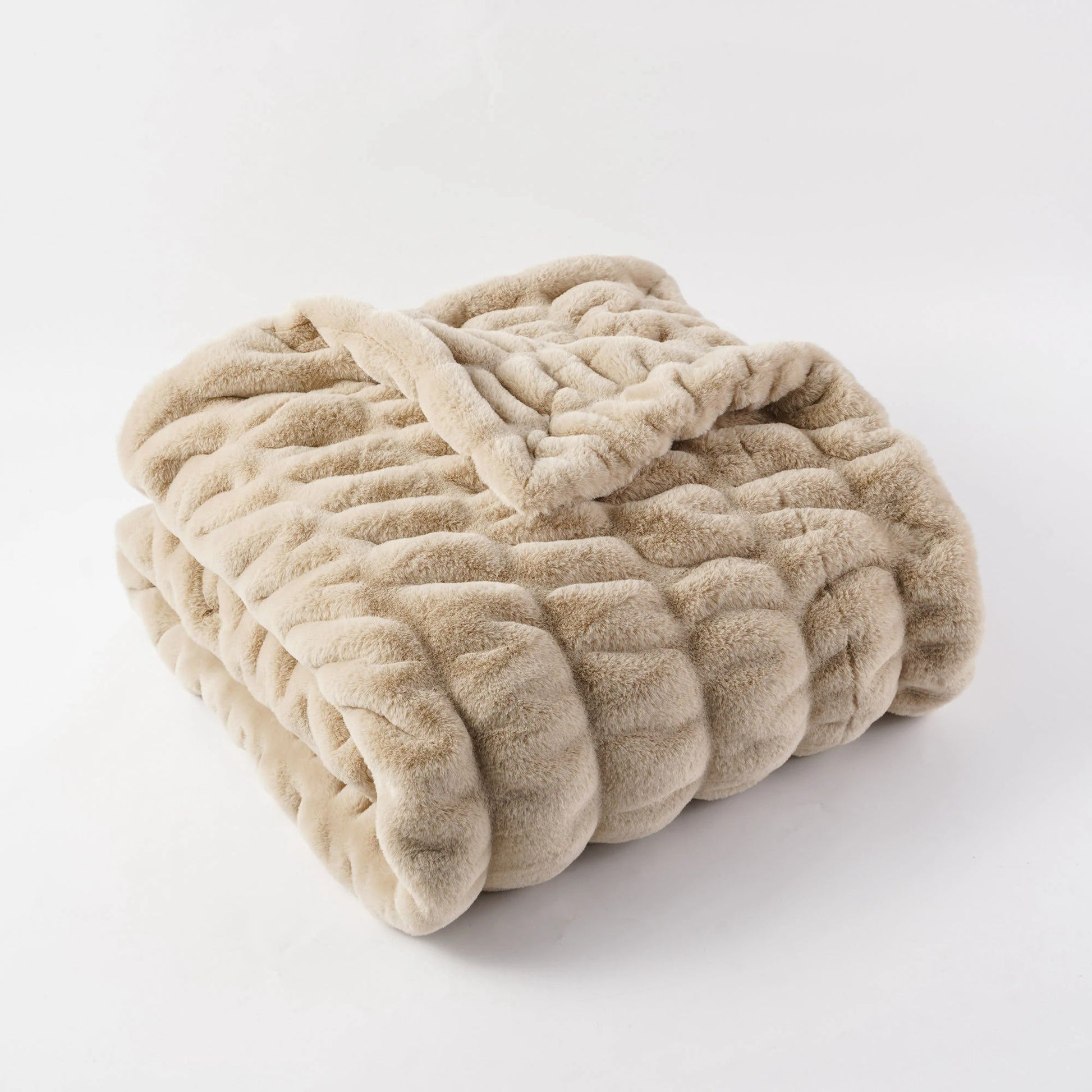 Ivory plush faux rabbit fur throw blanket with quilted diamond pattern double-sided cozy design