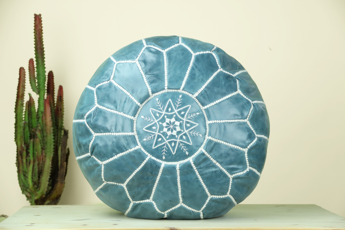 Ceramic Blue Leather Ottoman Pouf - Wavlynn