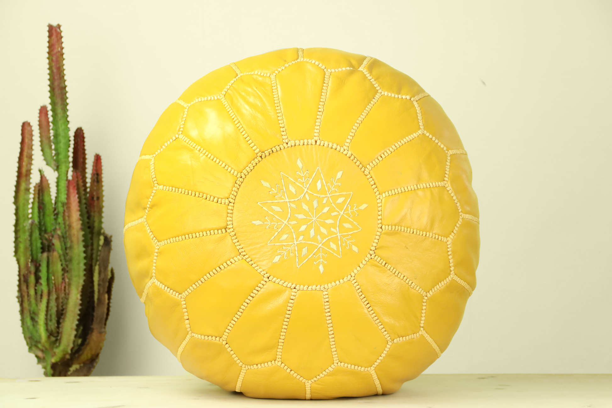 Yellow Leather Ottoman Pouf - Wavlynn
