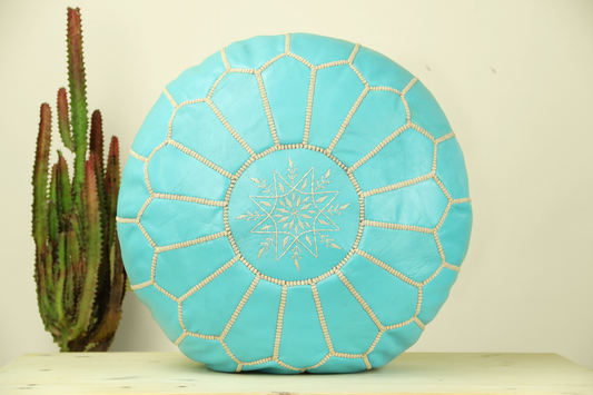 Cyan Leather Ottoman Pouf - Wavlynn