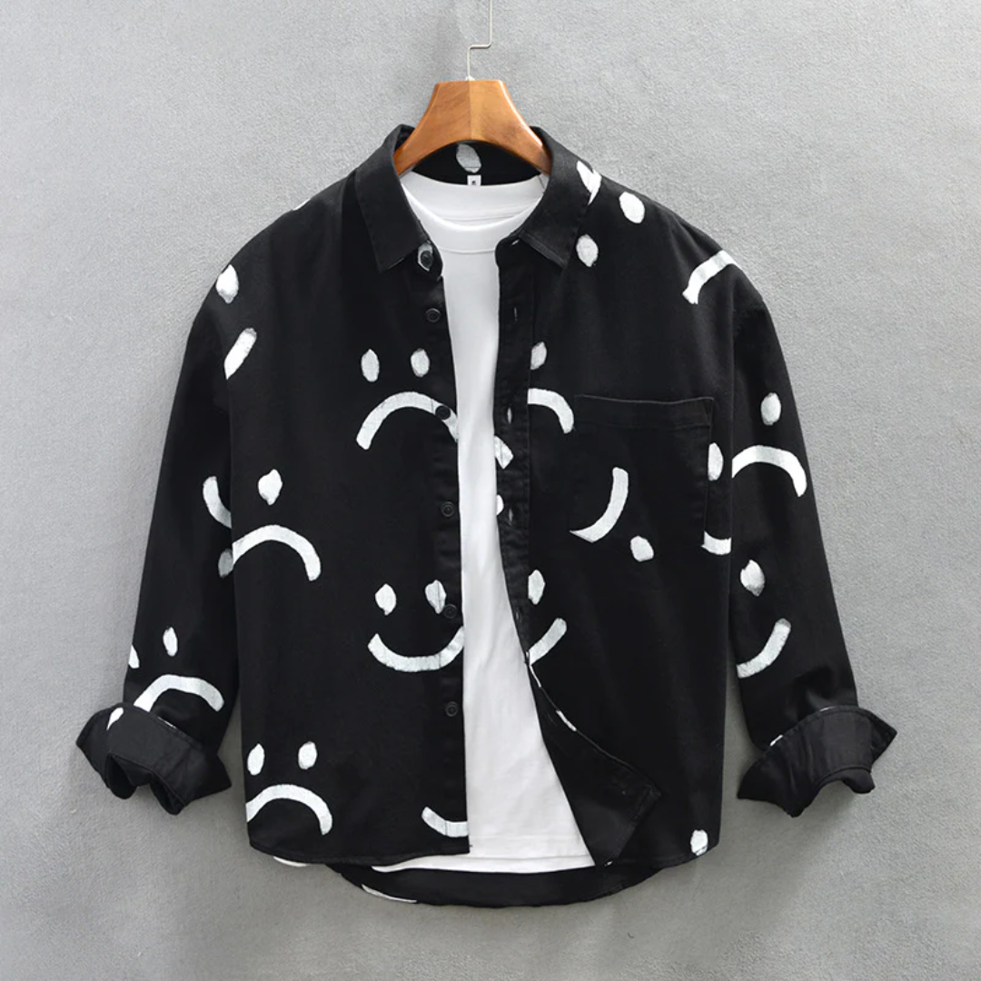 Travis long sleeve cotton shirt with abstract smiley print, lightweight minimalist casual style