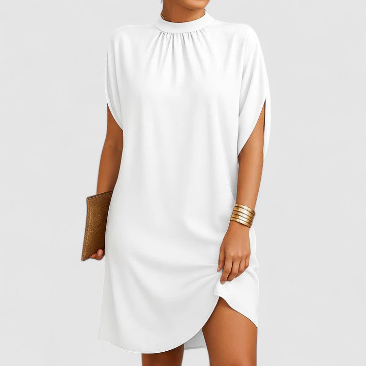 Blush pink midi dress with mock neck, batwing split sleeves, and relaxed silhouette for women