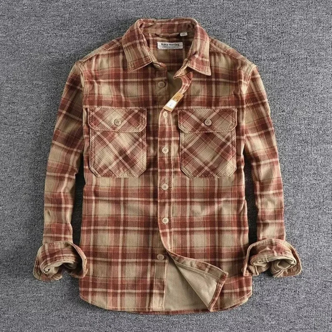 Relaxed plaid corduroy flannel shirt with washed finish, long sleeves, versatile as shirt or jacket