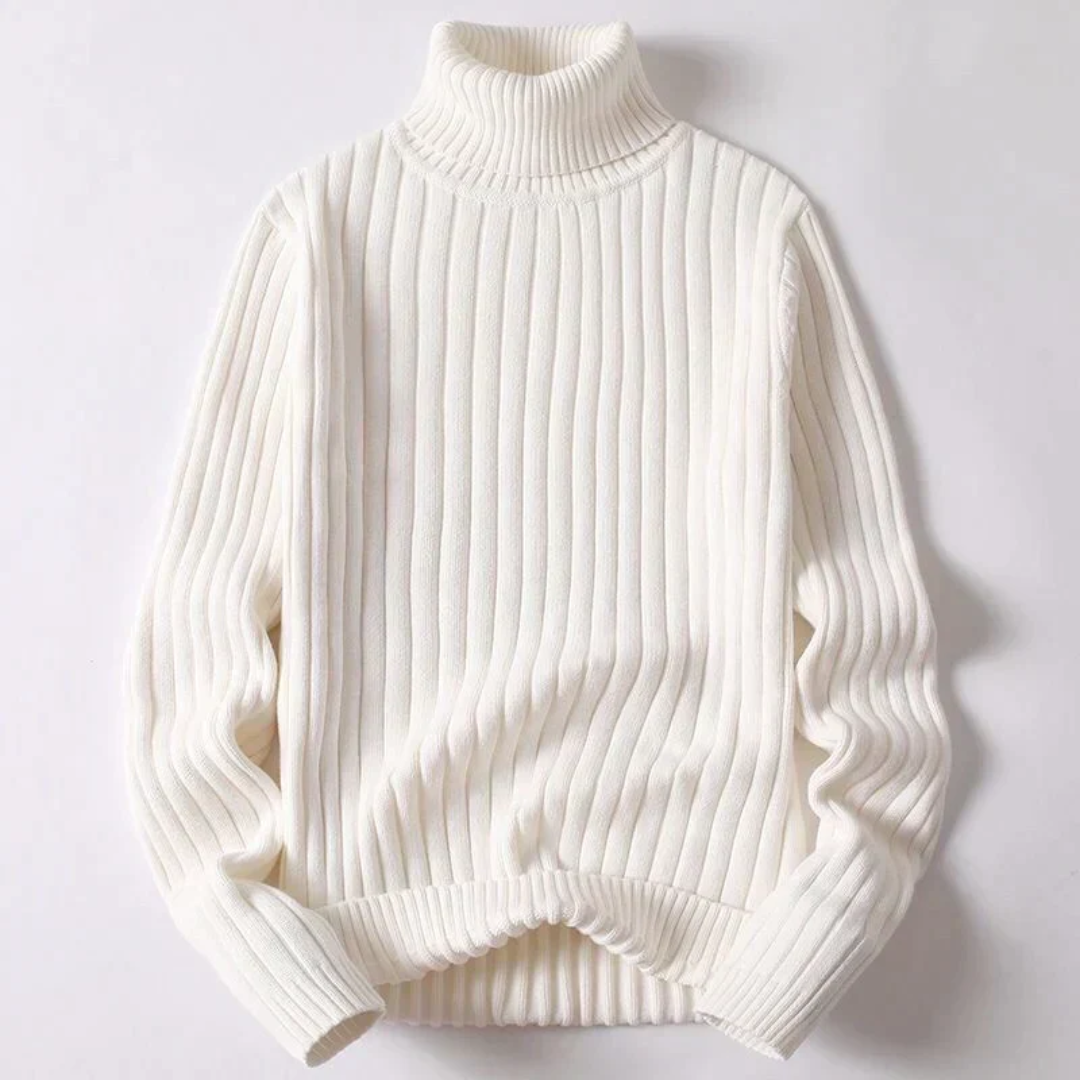 Travis ribbed turtleneck sweater in neutral tone, modern structured fit with soft knit texture for versatile layering