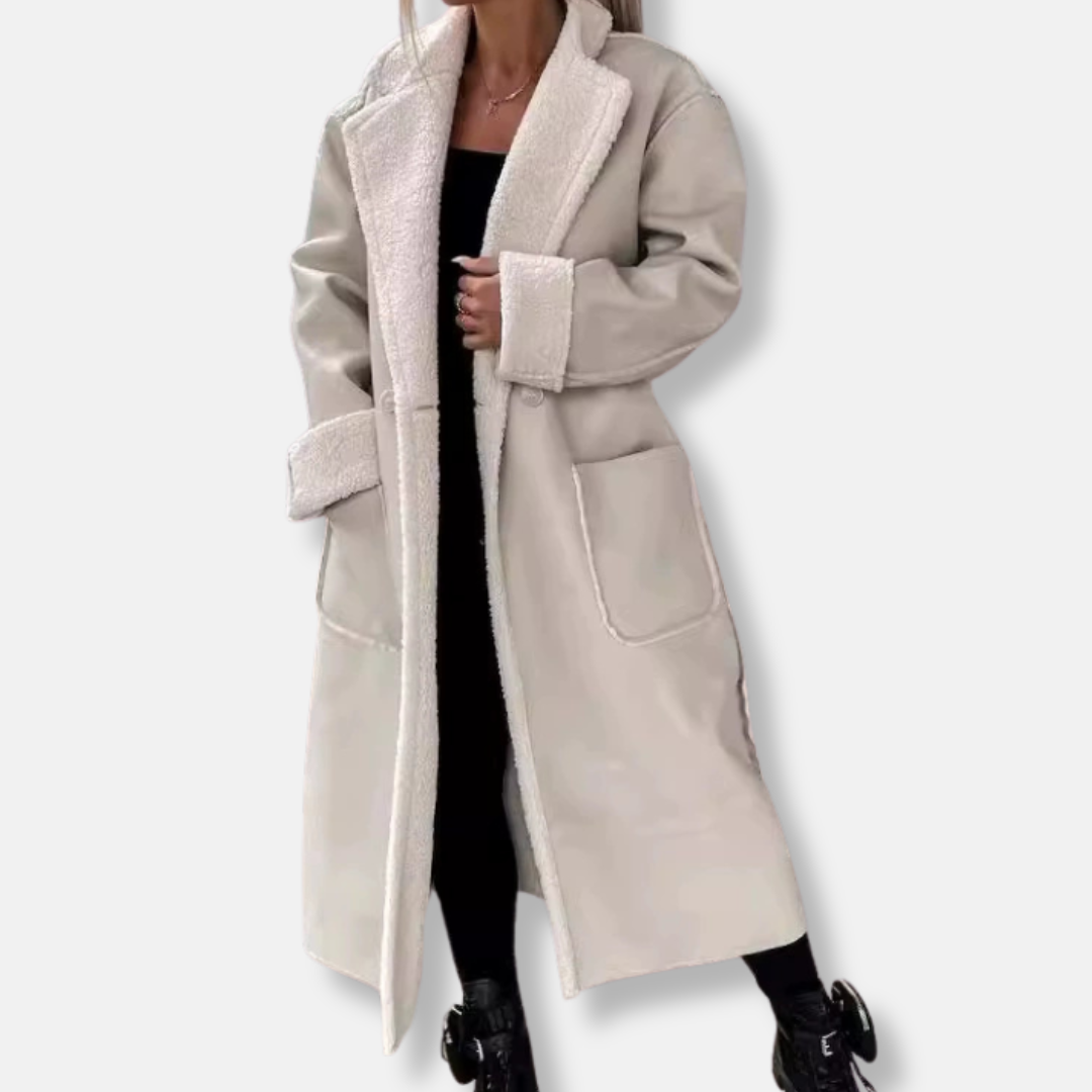 Women's oversized wrap long coat with faux shearling lining, tie belt, and patch pockets