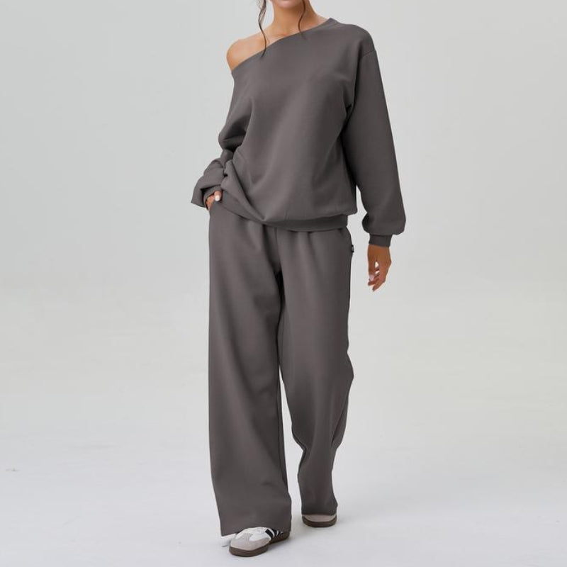 Marlowe soft knit co-ord set with sloping shoulder top and wide-leg trousers