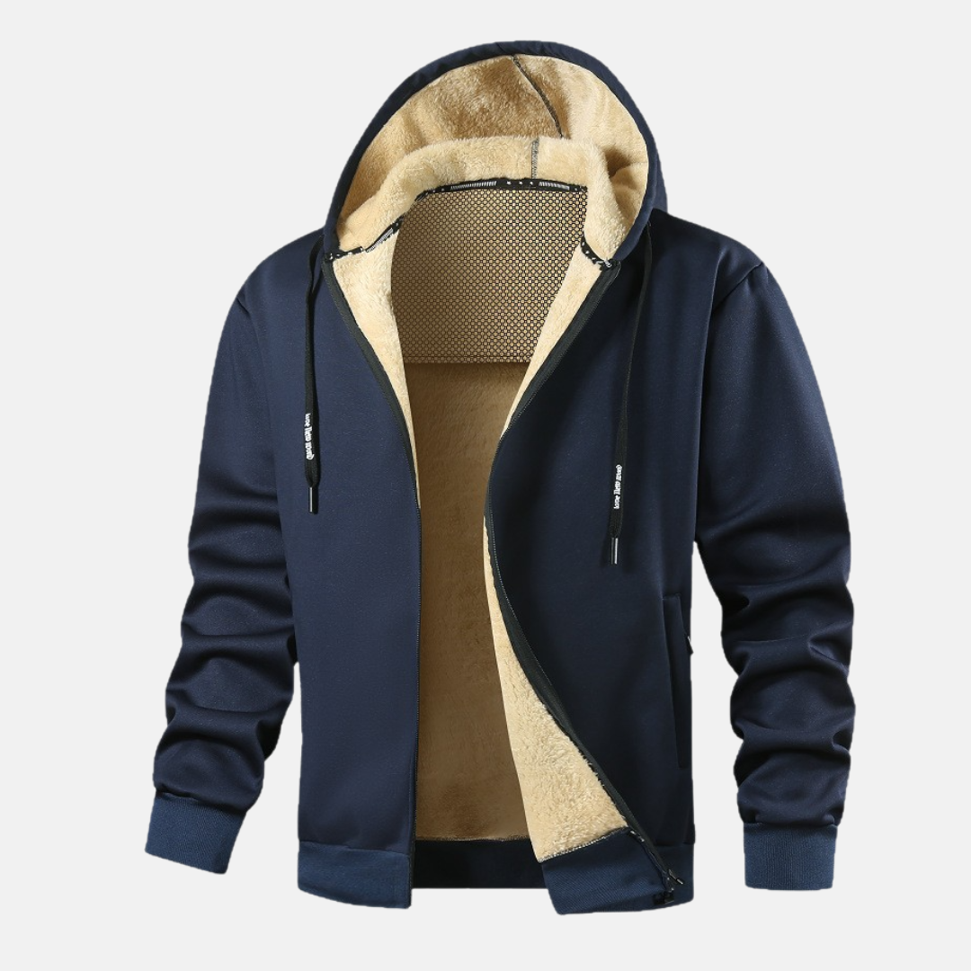 Men's relaxed fit zip-up hoodie jacket with plush fleece lining and ribbed trim in winter style