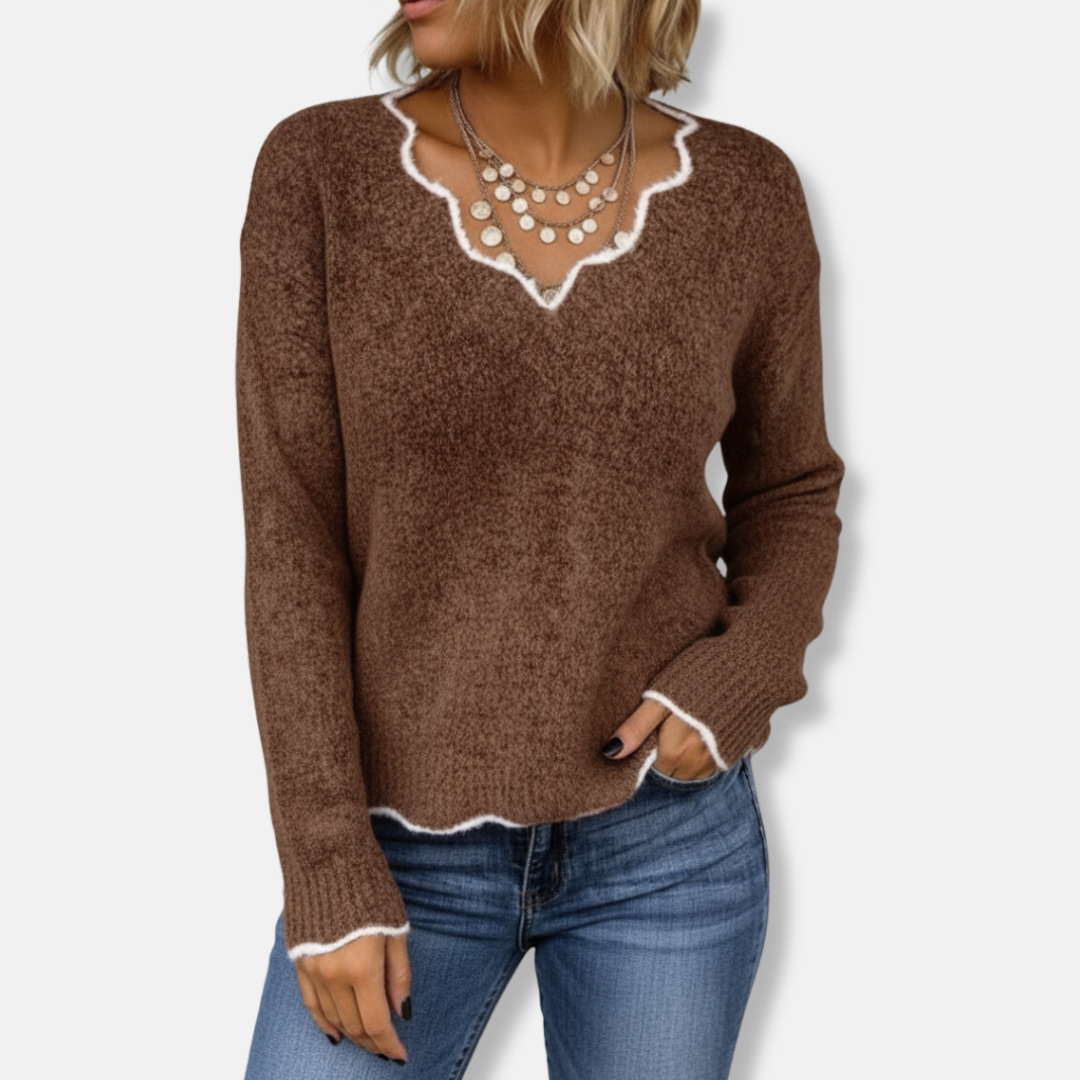 Women's relaxed fit wool knit pullover sweater with scalloped neckline for soft casual style