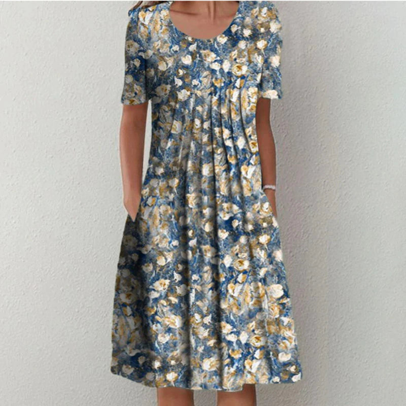 Casual floral dress with flattering silhouette and practical pockets, feminine chic everyday style