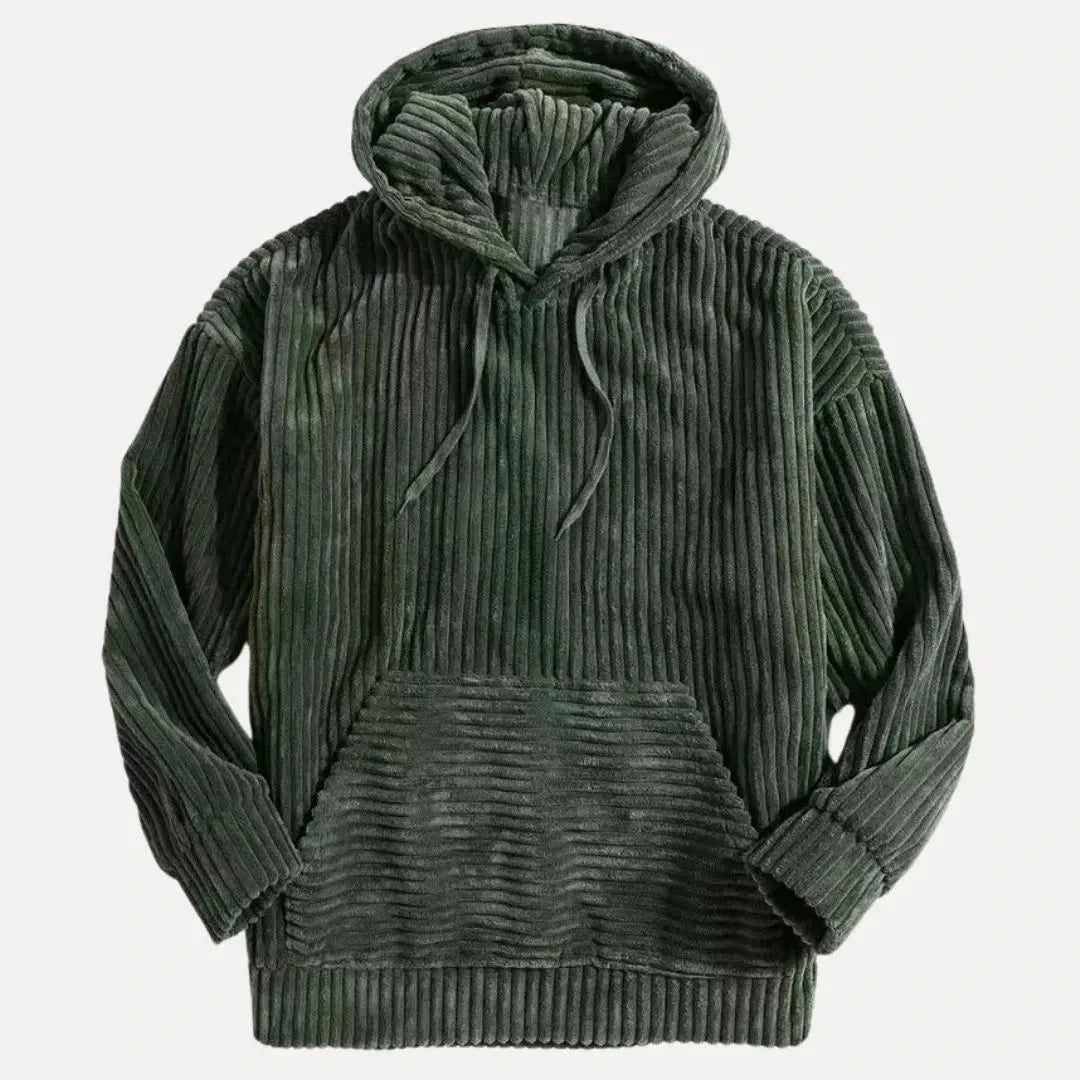 Dylan corduroy hoodie in relaxed fit with kangaroo pocket, thickened velvety texture for elevated casual style