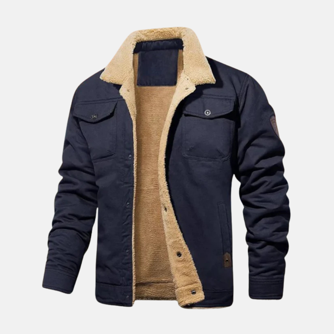 Men's relaxed waist-length cotton blend jacket with cozy sherpa collar in neutral fall tones