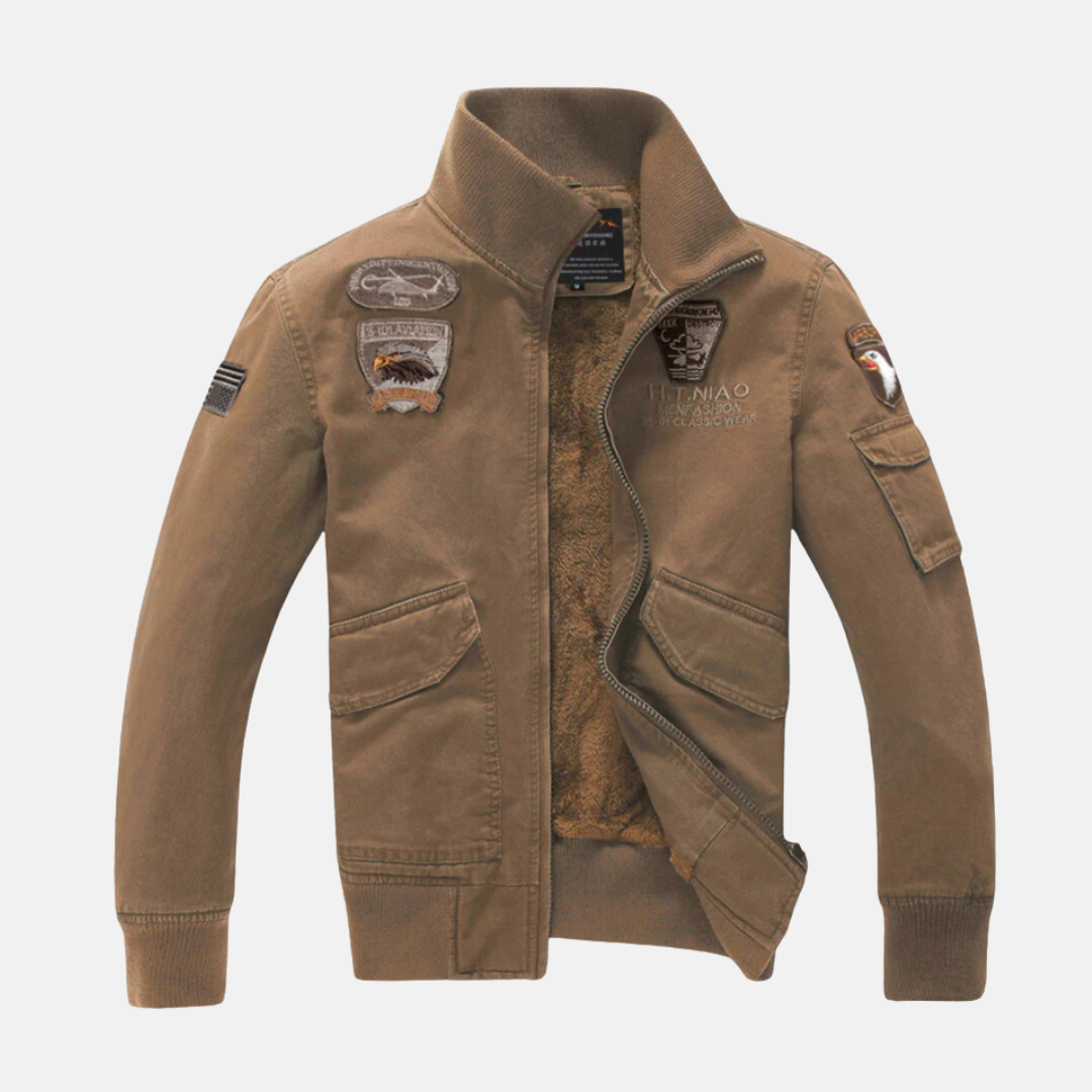 Men's slim fit bomber jacket with plush lining, ribbed trim, and embroidered patches by Wavlynn