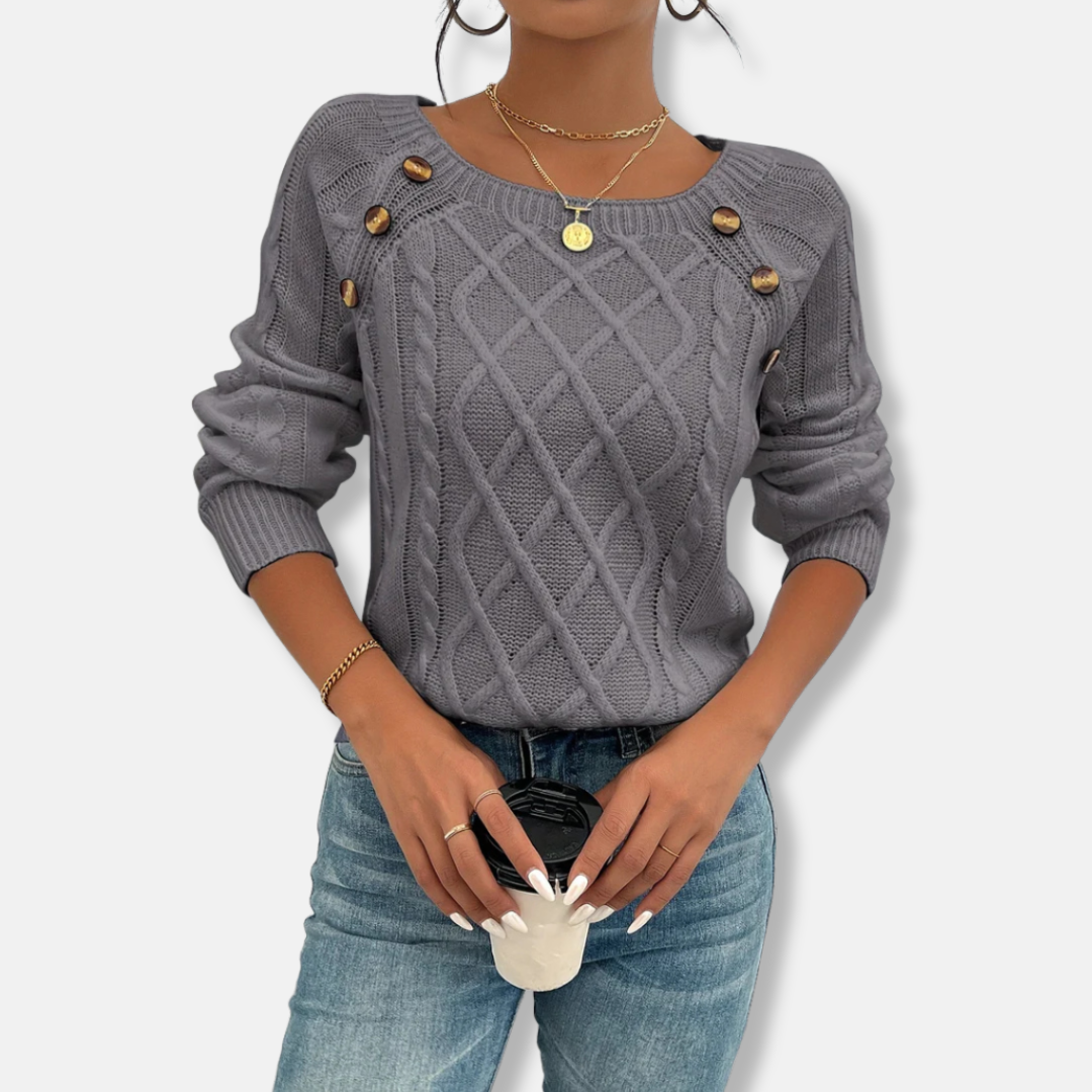 Women's ivory cable knit top relaxed fit dropped shoulder with button accent and ribbed cuffs
