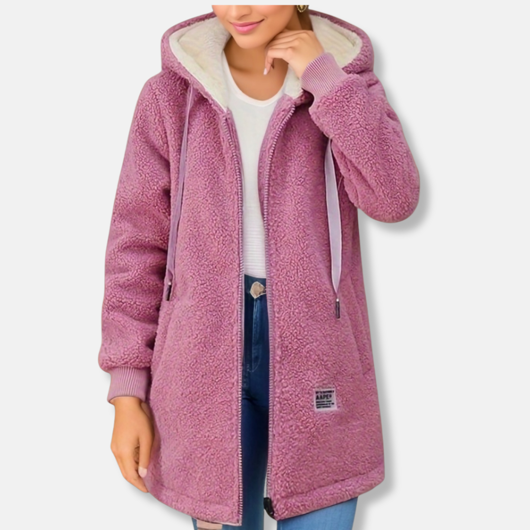 Women's beige oversized hooded faux vegan leather jacket mid-length zipper front plush texture
