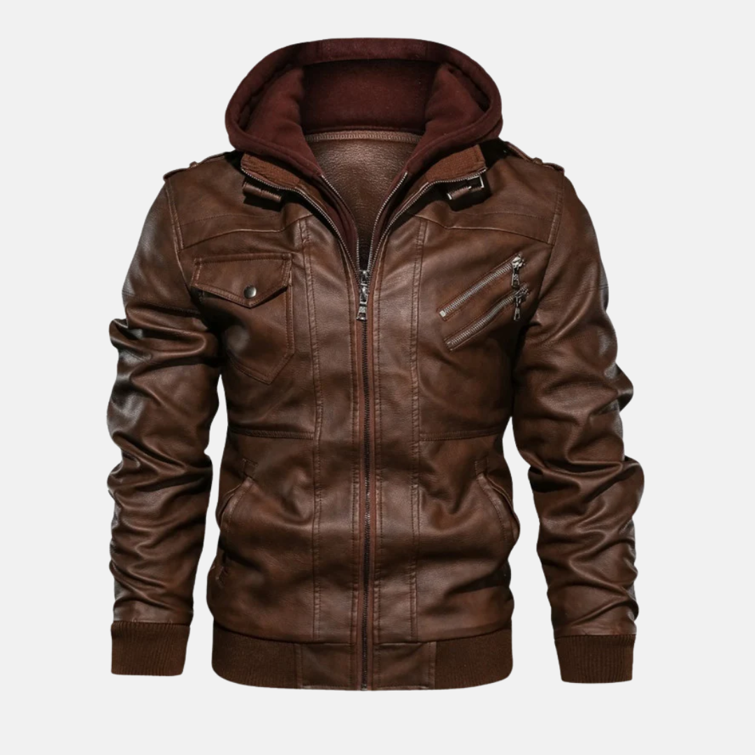 Men's black PU leather jacket with detachable hood, structured fit and smart-casual versatile style