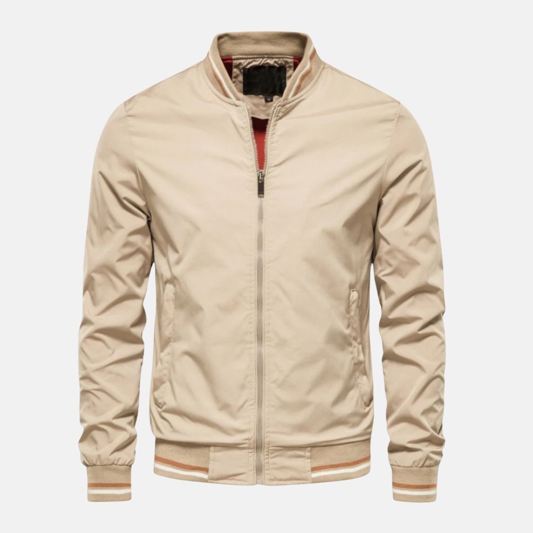 Men's lightweight PU leather bomber jacket relaxed fit zip closure striped ribbed edges