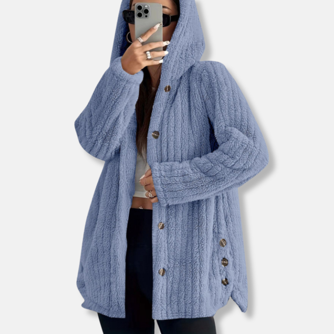 Women's plush faux shearling hooded coat loose fit mid-length warm cozy outerwear soft textured