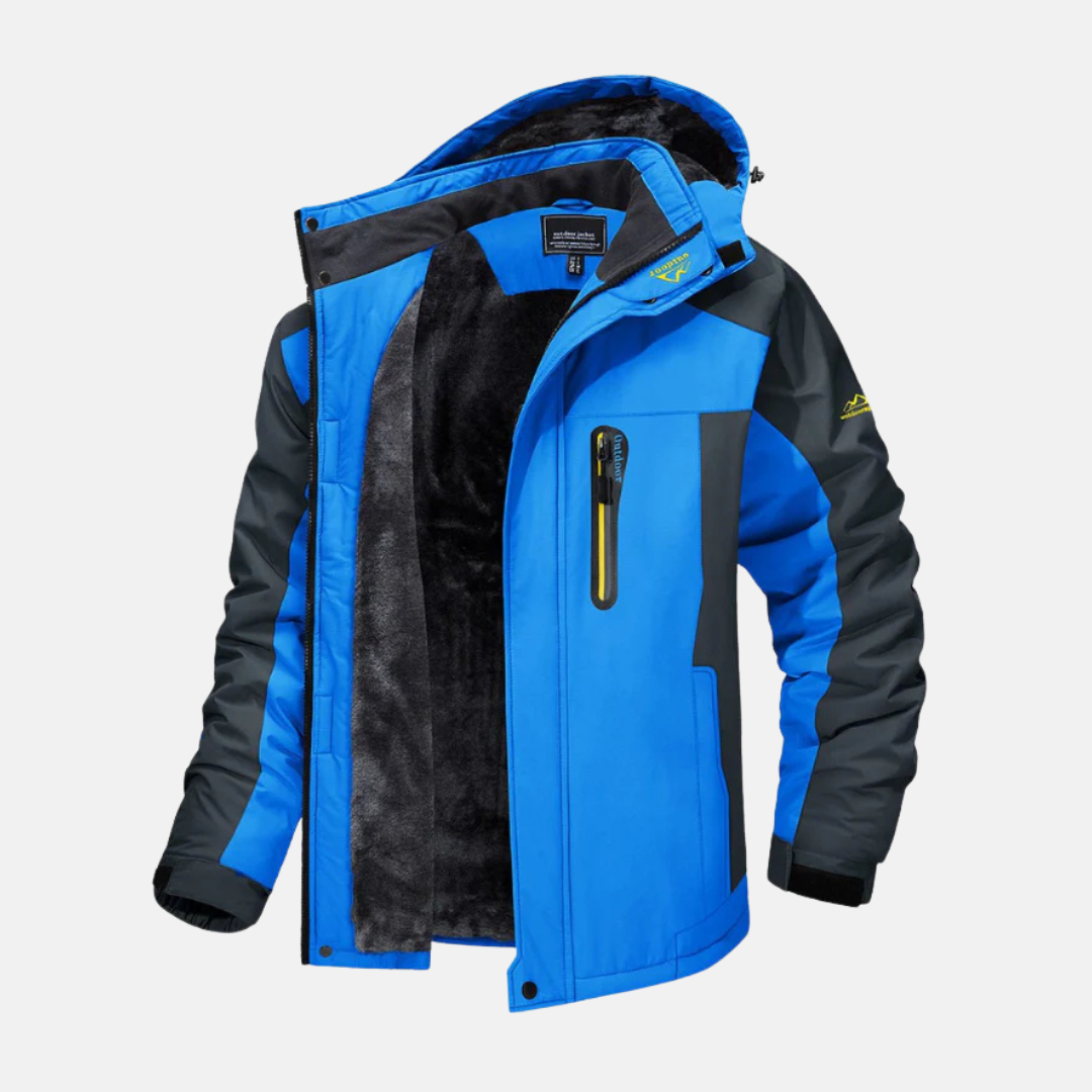 Men's woven hip-length jacket with high stand collar, adjustable cuffs, and fleece lining for winter