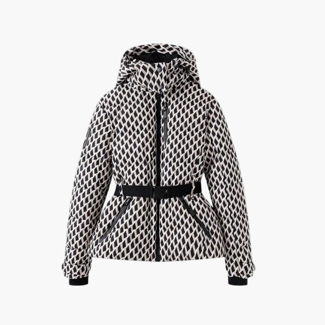 Women's quilted belted hooded winter coat with cinched waist and sleek structured fit