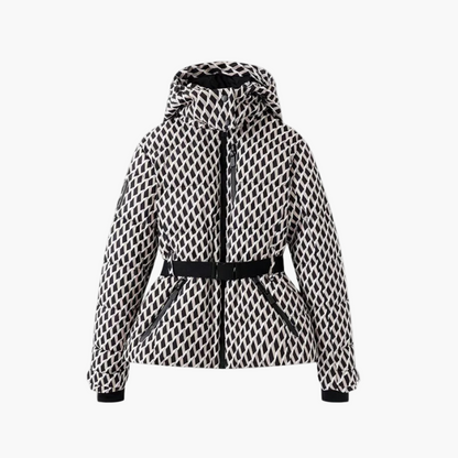 Women's quilted belted hooded winter coat with cinched waist and sleek structured fit