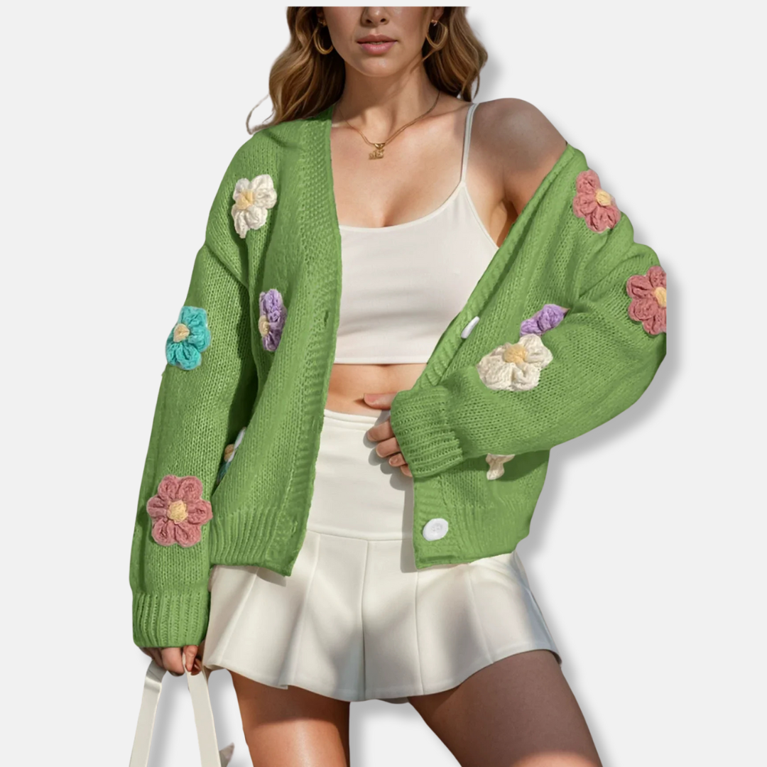 Women's oversized wool blend knitted cardigan with handmade floral accents and button-front closure