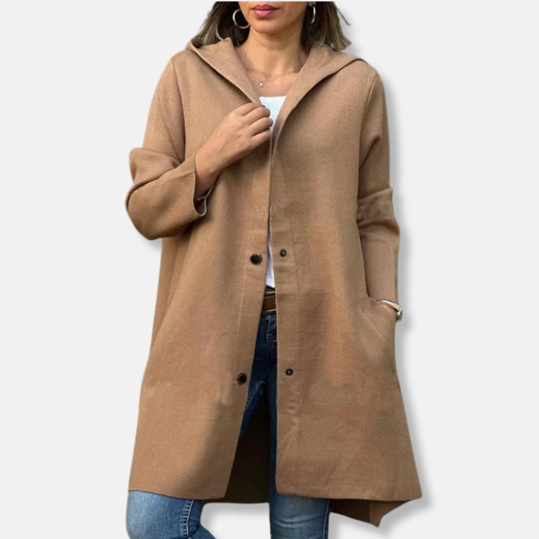 Women's wool hooded coat with snap button closure, A-line silhouette, mid-thigh length
