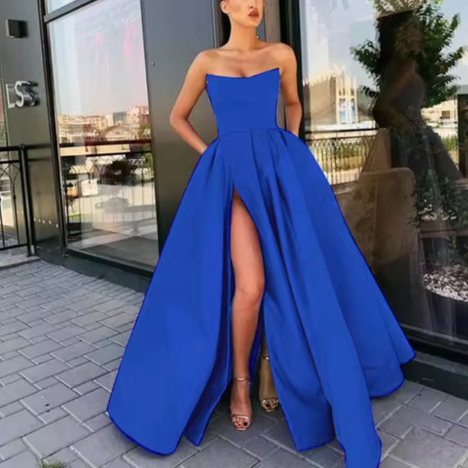 Women's black strapless A-line evening gown floor-length with high slit elegant formal dress