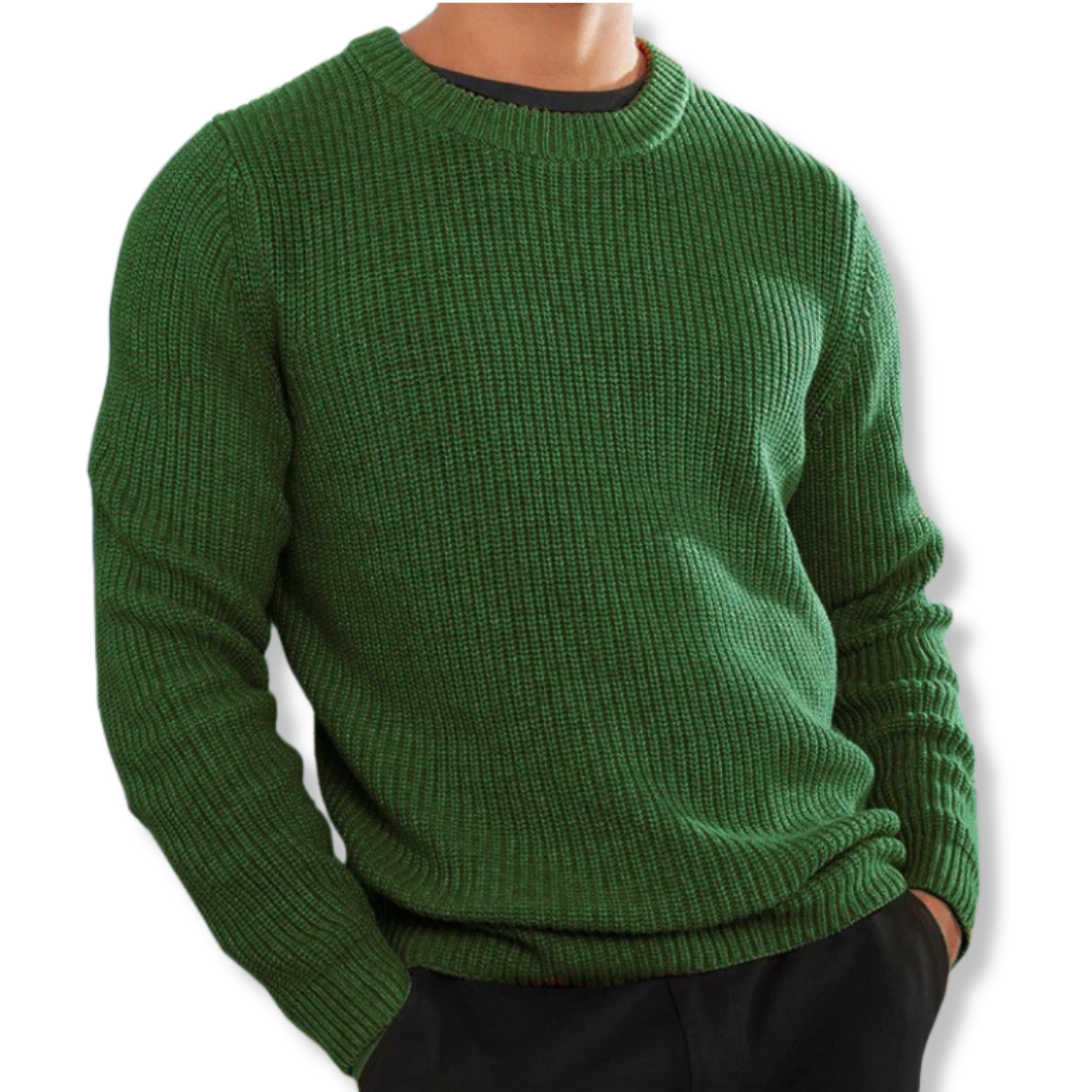 Men's relaxed fit crew neck knit sweater in warm tones, long sleeve casual layering top