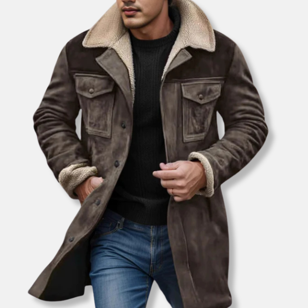 Navy men's trench coat suede-like fabric faux shearling collar modern slim silhouette