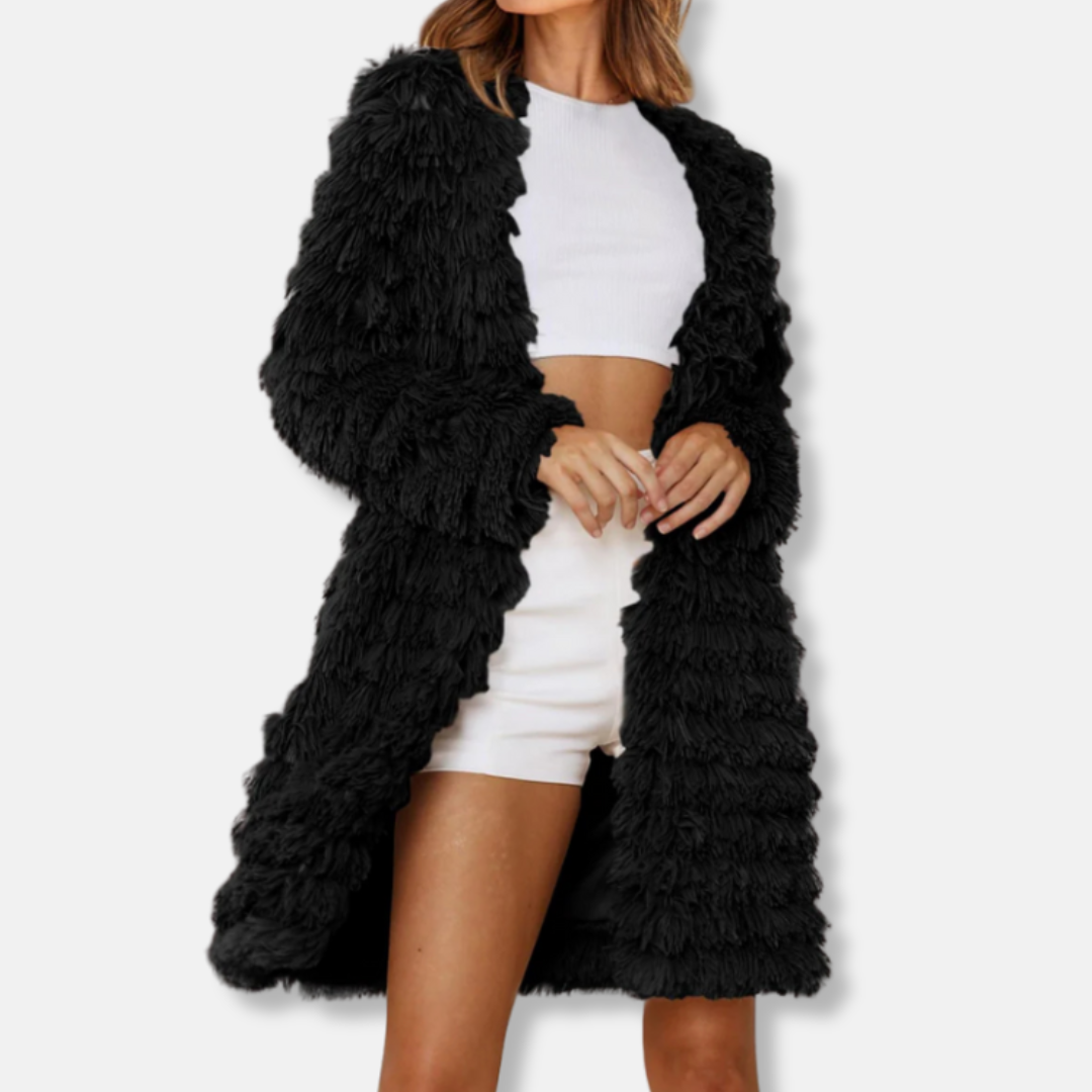 Women's longline shaggy cardigan open-front relaxed fit cozy plush acrylic layering piece
