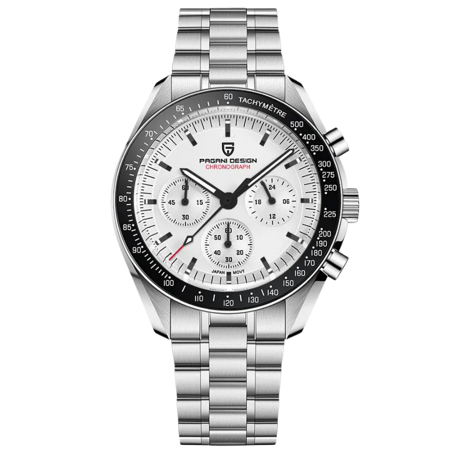 Men's silver stainless steel chronograph dive watch with sapphire crystal and waterproof design