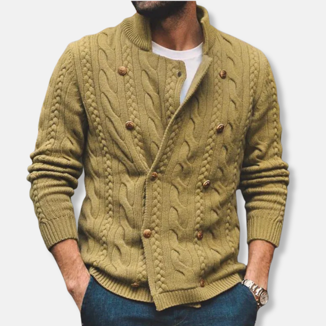 Men's wool blend double-breasted cardigan, semi-high collar, cable knit pattern, regular fit for fall