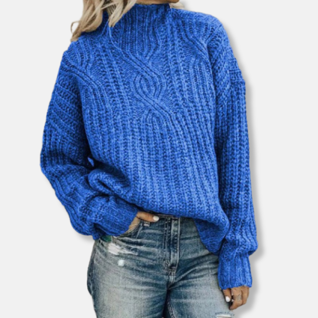 Women's cream wool cable knit pullover sweater, relaxed fit with cozy high neck and textured pattern