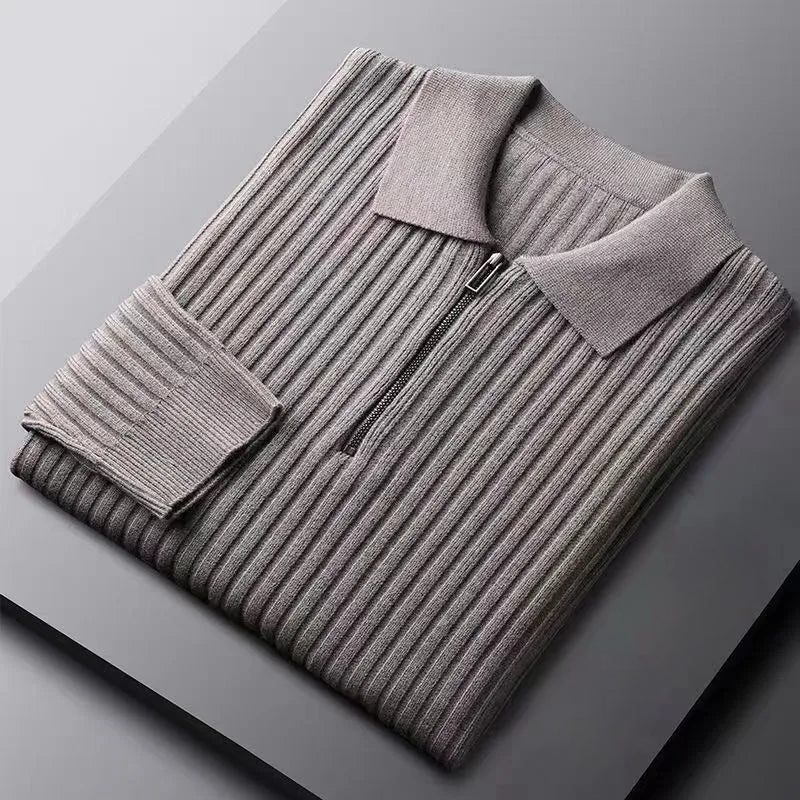 Calvier unisex polo sweater in neutral tone, ribbed vertical knit with refined zip detail