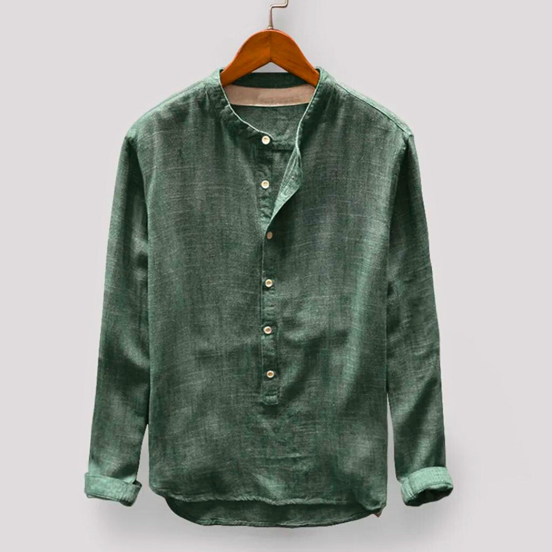 Ryken linen-cotton pullover in neutral tones, Japanese-inspired minimalist design with clean tailored lines