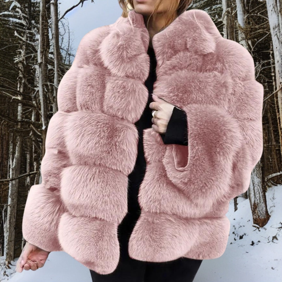 Women's ivory faux fur medium-length jacket with voluminous quilted construction and luxe plush texture
