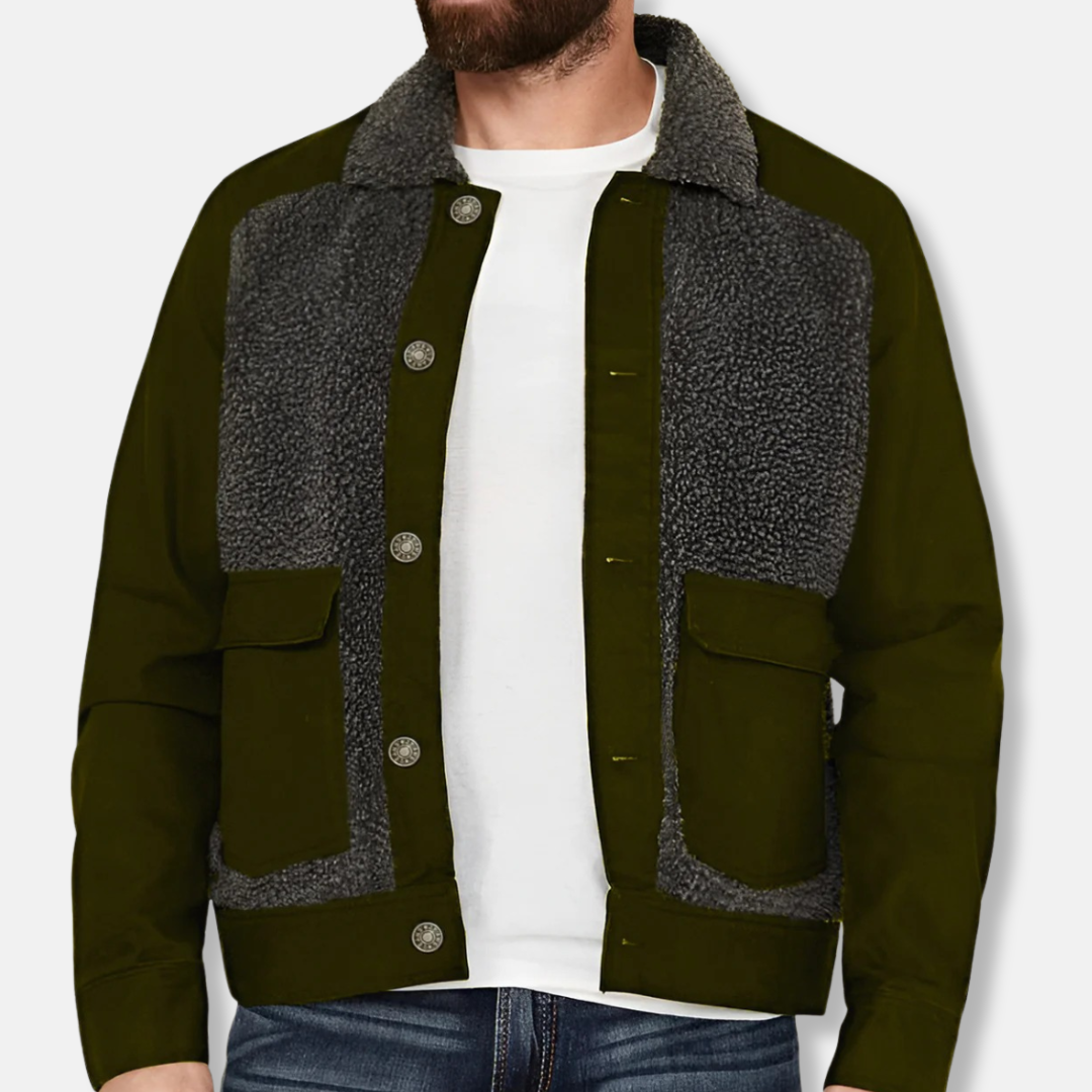 Men's patchwork sherpa collar coat regular fit waist-length button-up warm rugged outerwear