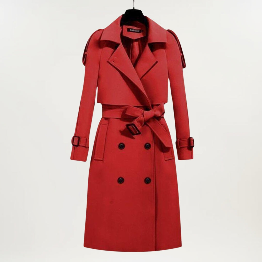 Ashly™ beige longline trench coat with sleek tailored silhouette and classic structured design