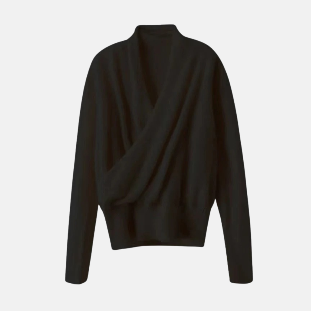 Women's soft knit wrap sweater relaxed fit V-neck long sleeve with ribbed waist detail