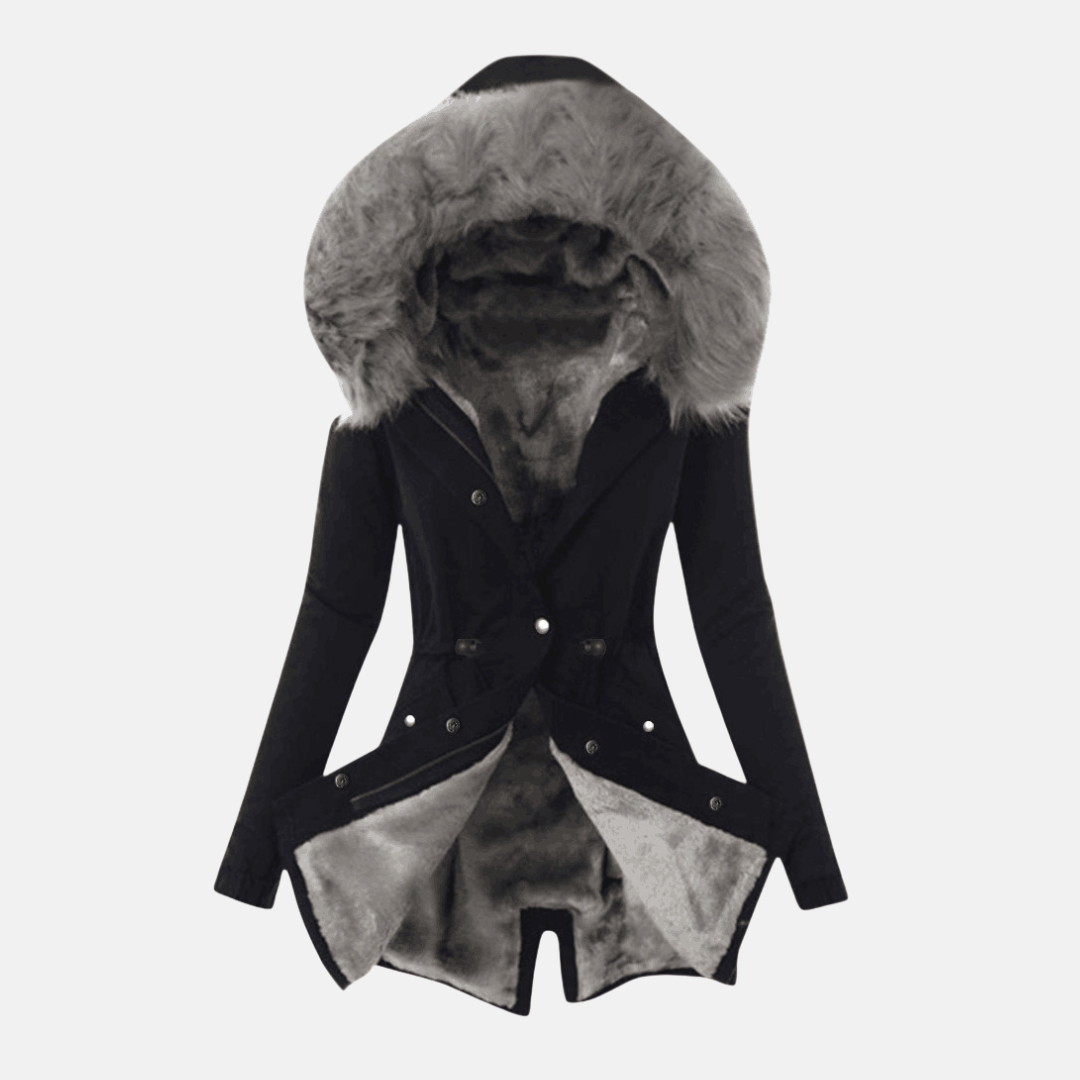 Women's slim fit mid-length jacket with plush-lined hood, adjustable waist, and flap pockets