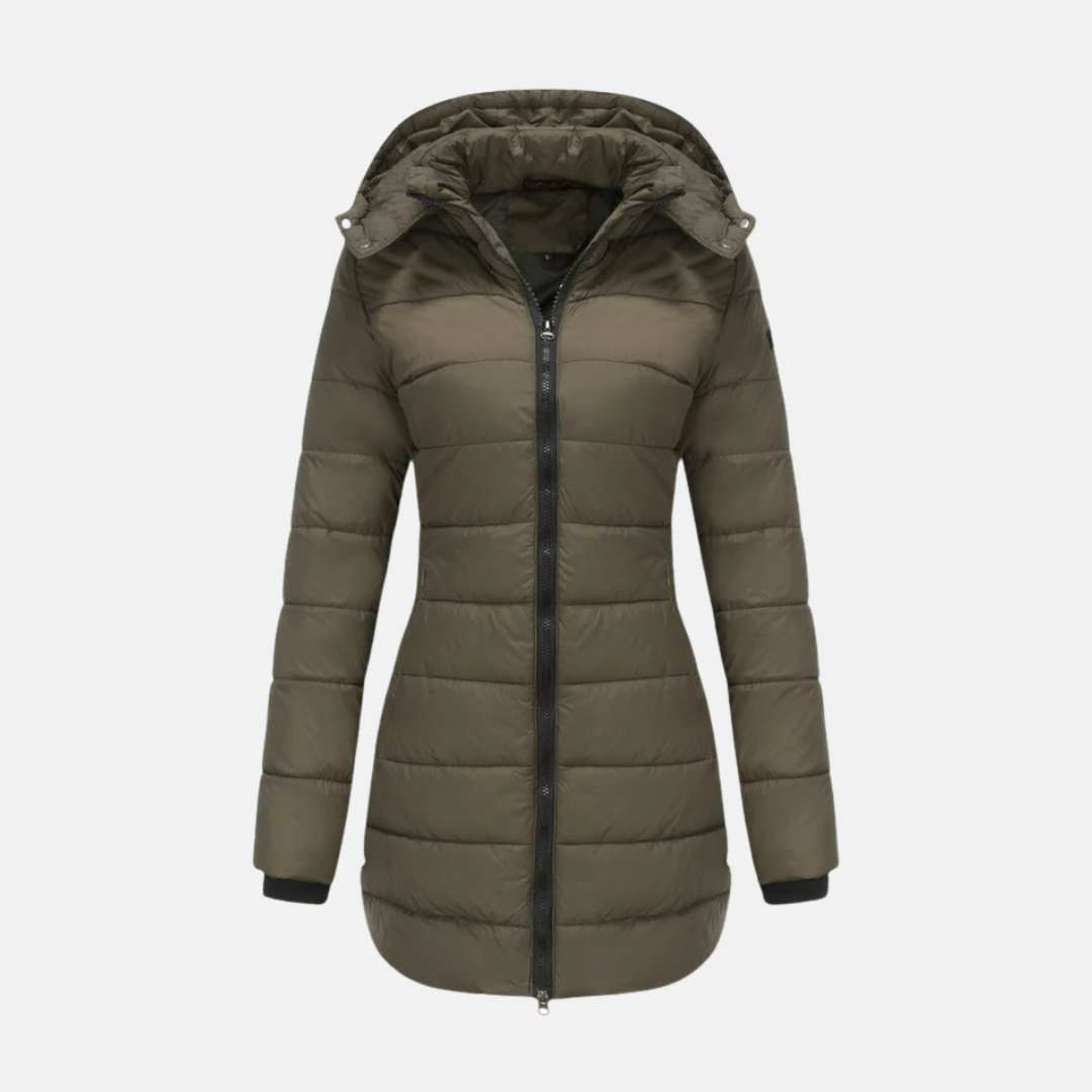 Women's longline quilted padded coat hooded modern fit with two-way zipper insulated warm winter
