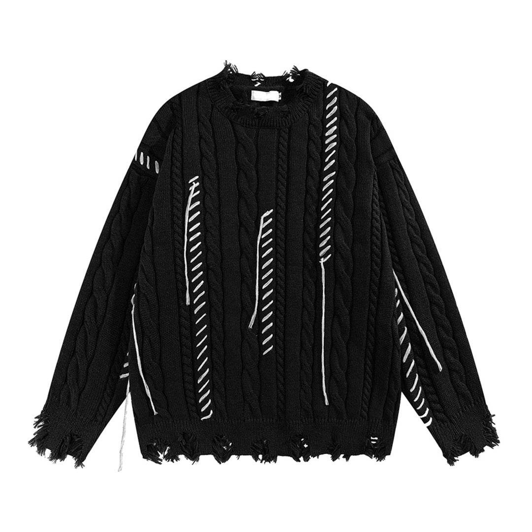 Oversized cotton sweater with raw distressed edges, contrast visible stitching, and relaxed artisan fit