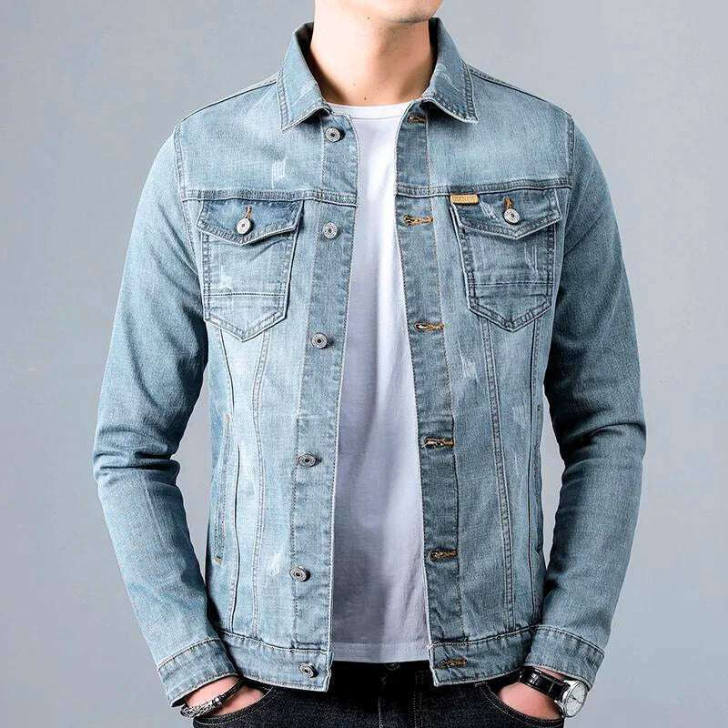 Green washed denim jacket with retro worn-in look, versatile casual to semi-formal style
