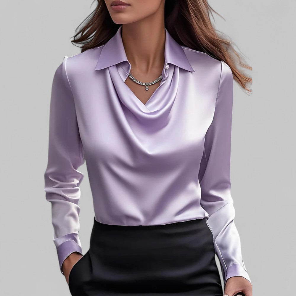 Women's satin blouse draped neckline long sleeve silky elegant top for professional wear
