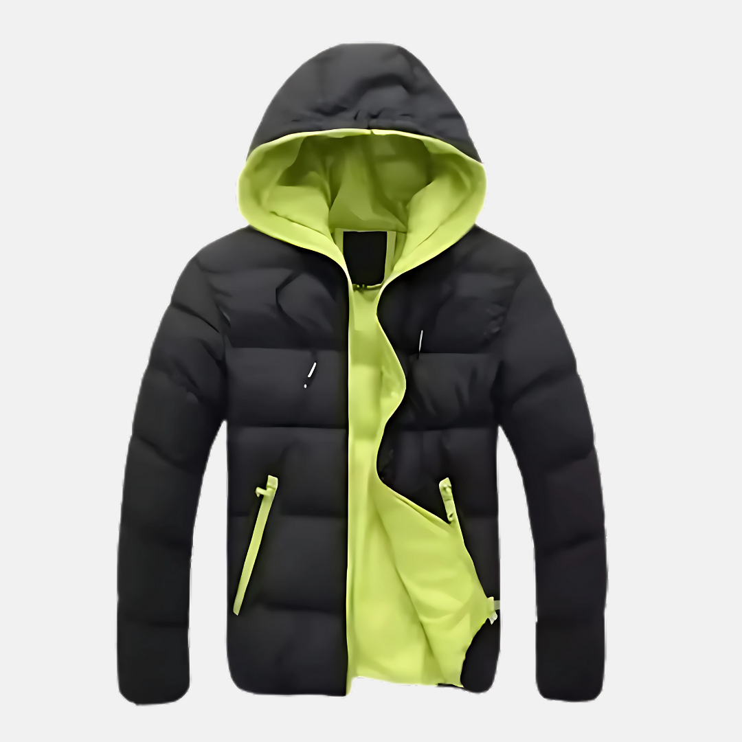 Men's navy blue hooded quilted puffer jacket hip-length insulated winter coat relaxed fit