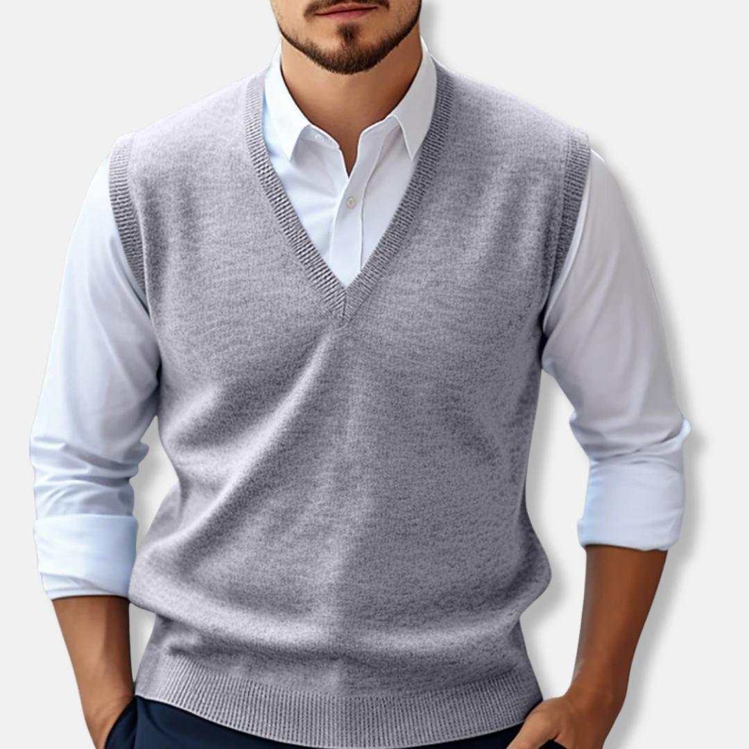 Men's ribbed cotton knit sleeveless sweater vest V-neck slim fit elegant layering piece