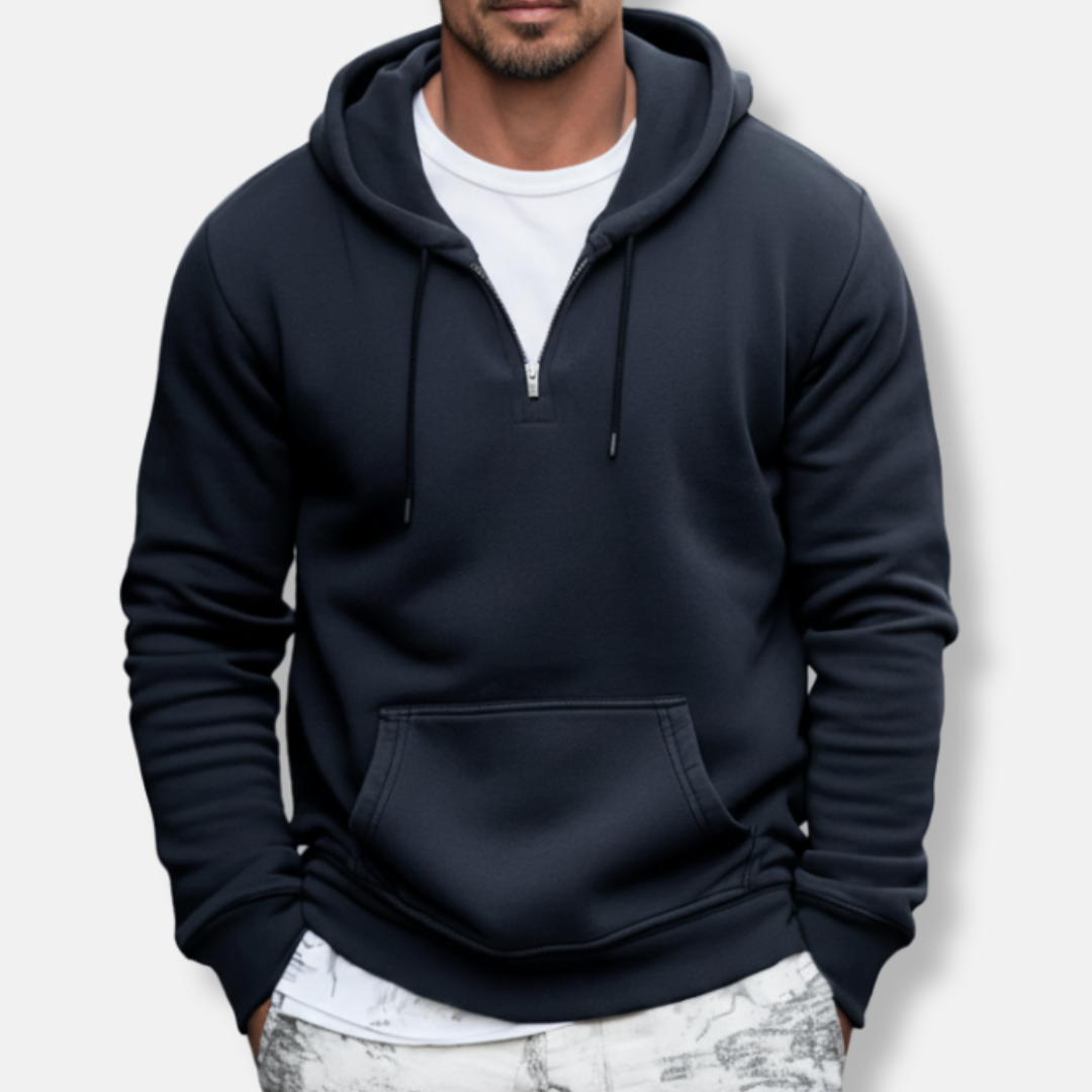 Men's grey cotton-blend quarter-zip hoodie relaxed fit with kangaroo pocket casual streetwear