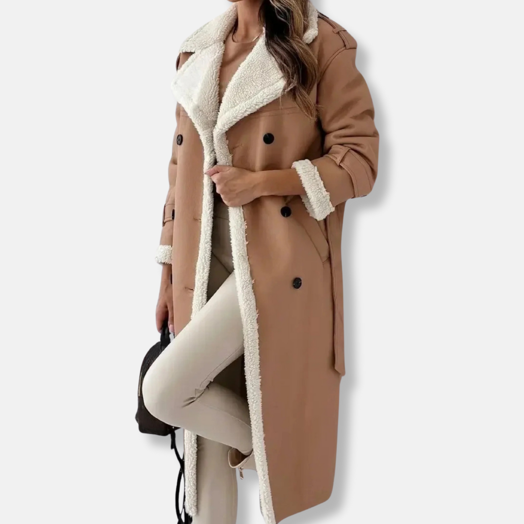 Women's long double-breasted oversized coat with plush lined collar, cuffs, and tie belt