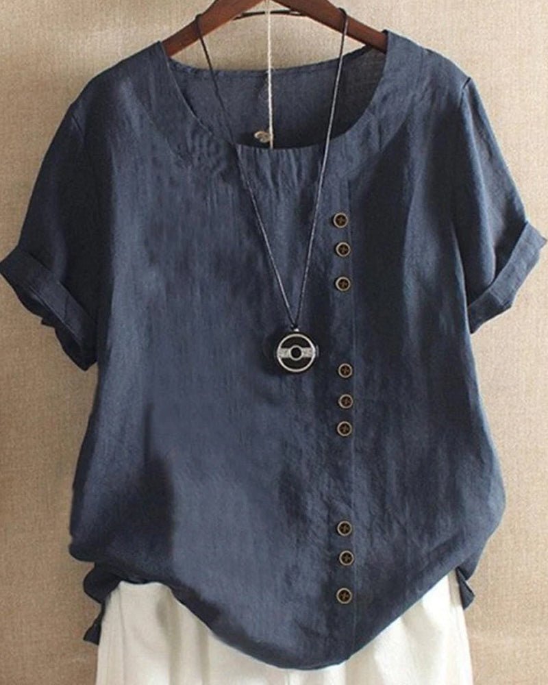 Women's relaxed linen crew neck top with button front placket and cuffed short sleeves