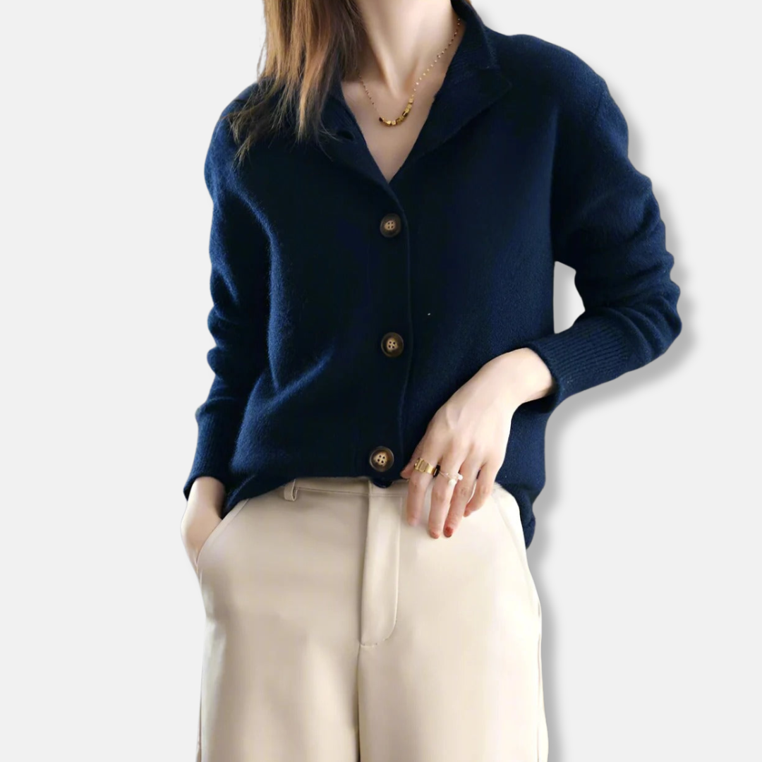Women's relaxed fit knit cardigan with mock collar and button closure for everyday style